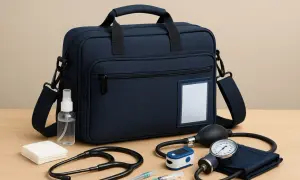 Sacoche de materiel infirmier liberal : tensiomètre, stéthoscope, seringues, désinfectant, compresses et saturomètre.