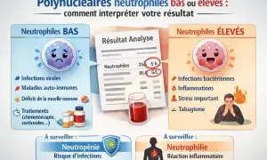 Illustration expliquant les polynucléaires neutrophiles bas (associés aux infections virales) et élevés (infections bactériennes, inflammations).