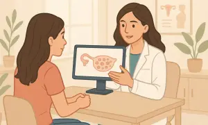 Une médecin explique à une patiente une image d'ovaire kystique, évoquant le diagnostic SOPK.