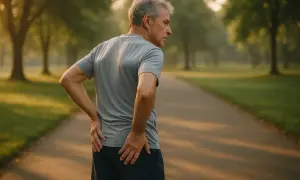 Homme âgé se tenant le côté, souffrant de douleur à la prothèse de hanche après 10 ans, dans un parc brumeux au lever du soleil.