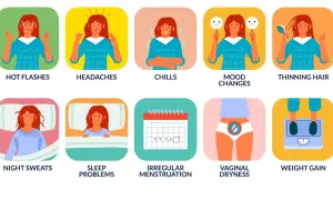 Symptômes de la ménopause : bouffées de chaleur, maux de tête, frissons, changements d'humeur, perte de cheveux, sueurs nocturnes, troubles du sommeil, règles irrégulières, sécheresse vaginale, prise de poids.