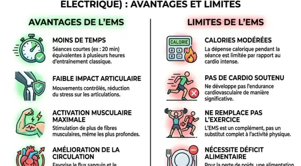 Comparaison EMS : avantages (moins de temps, faible impact, activation max, amélioration circulation & drainage lymphatique) et limites (calories modérées, pas de cardio, ne remplace pas l'exercice, déficit alimentaire).