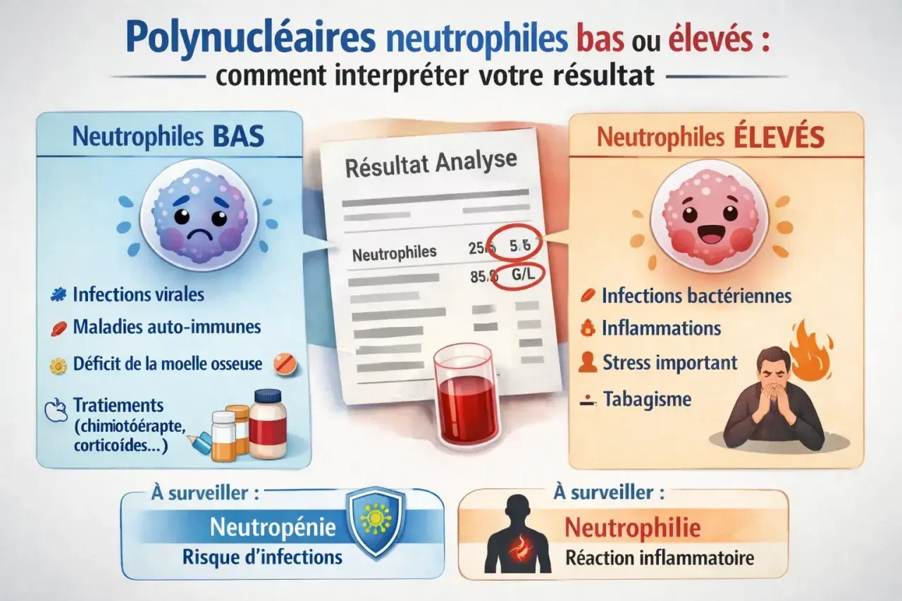 Illustration expliquant les polynucléaires neutrophiles bas (associés aux infections virales) et élevés (infections bactériennes, inflammations).