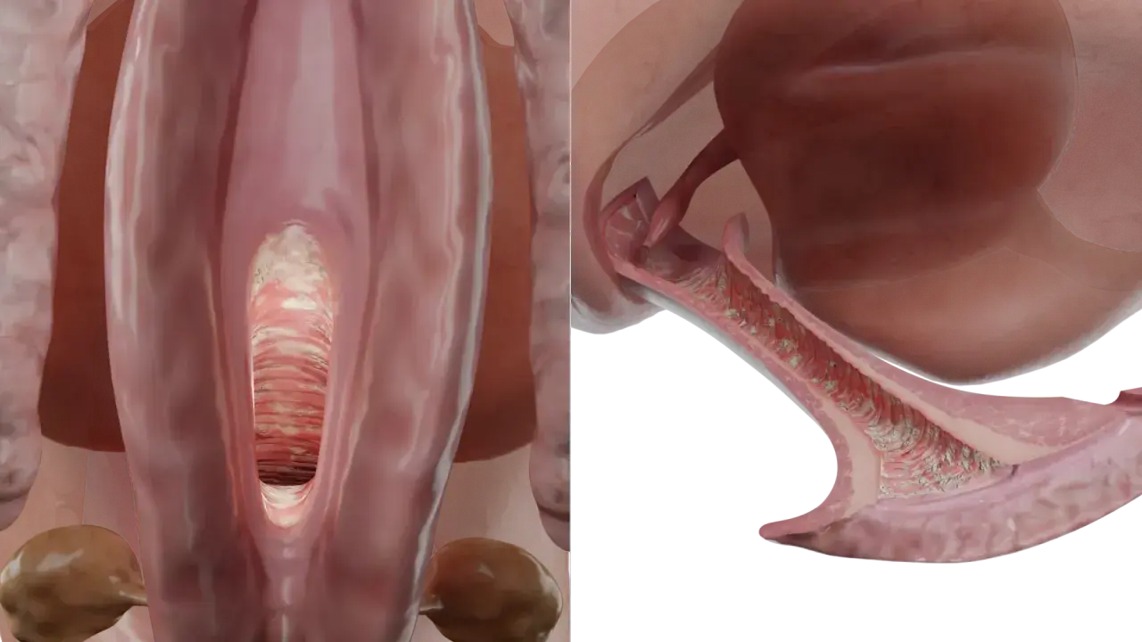 Vue anatomique du vagin montrant des signes de mycose vulvaire, avec des dépôts blanchâtres et une inflammation.