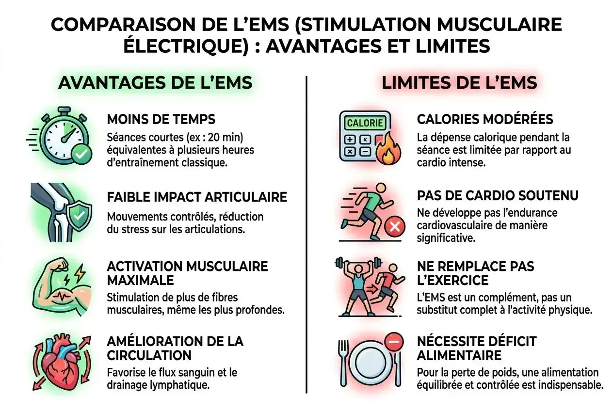 Comparaison EMS : avantages (moins de temps, faible impact, activation max, amélioration circulation & drainage lymphatique) et limites (calories modérées, pas de cardio, ne remplace pas l'exercice, déficit alimentaire).