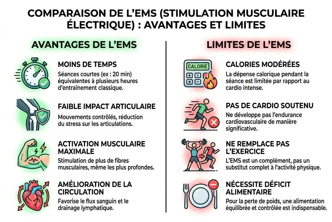 Comparaison EMS : avantages (moins de temps, faible impact, activation max, amélioration circulation & drainage lymphatique) et limites (calories modérées, pas de cardio, ne remplace pas l'exercice, déficit alimentaire).