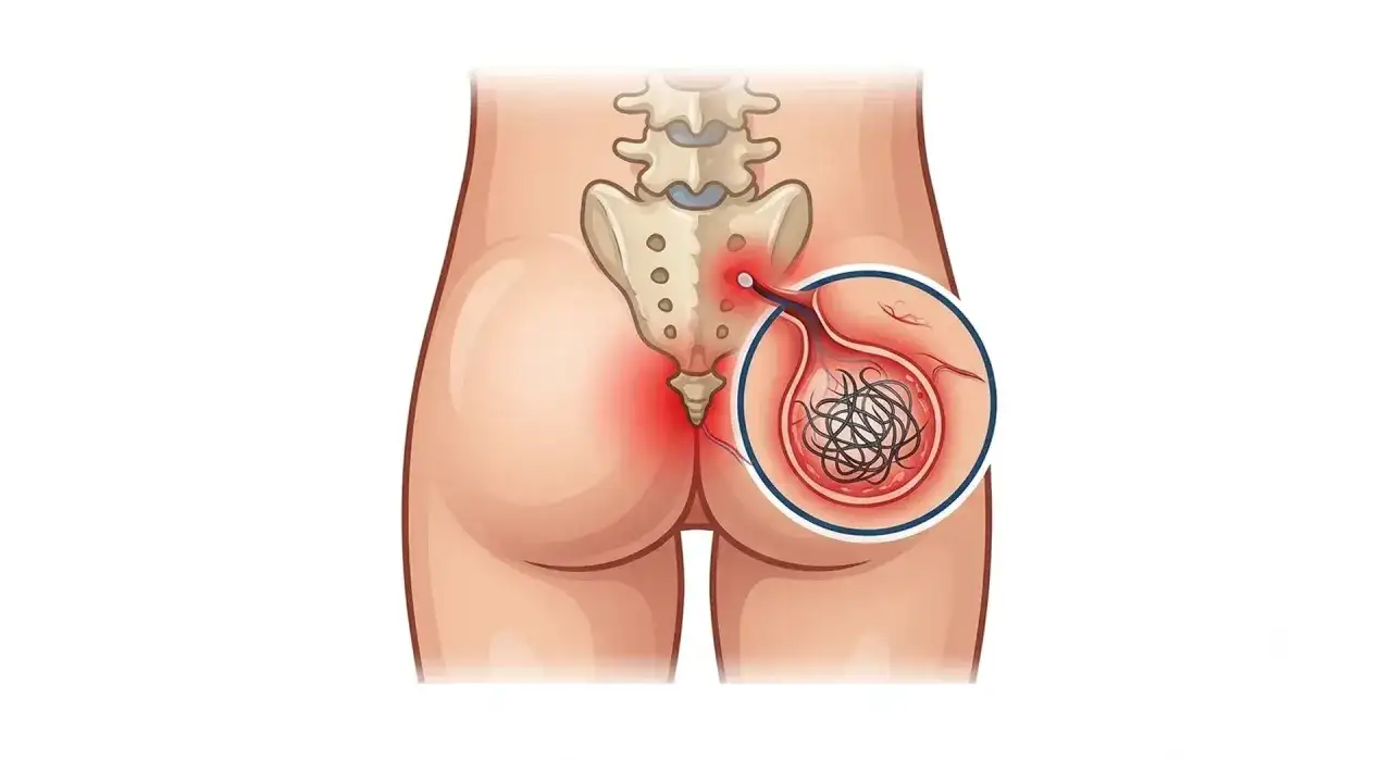 Illustration médicale montrant un kyste pilonidal, une petite cavité sous la peau du coccyx, remplie de poils.