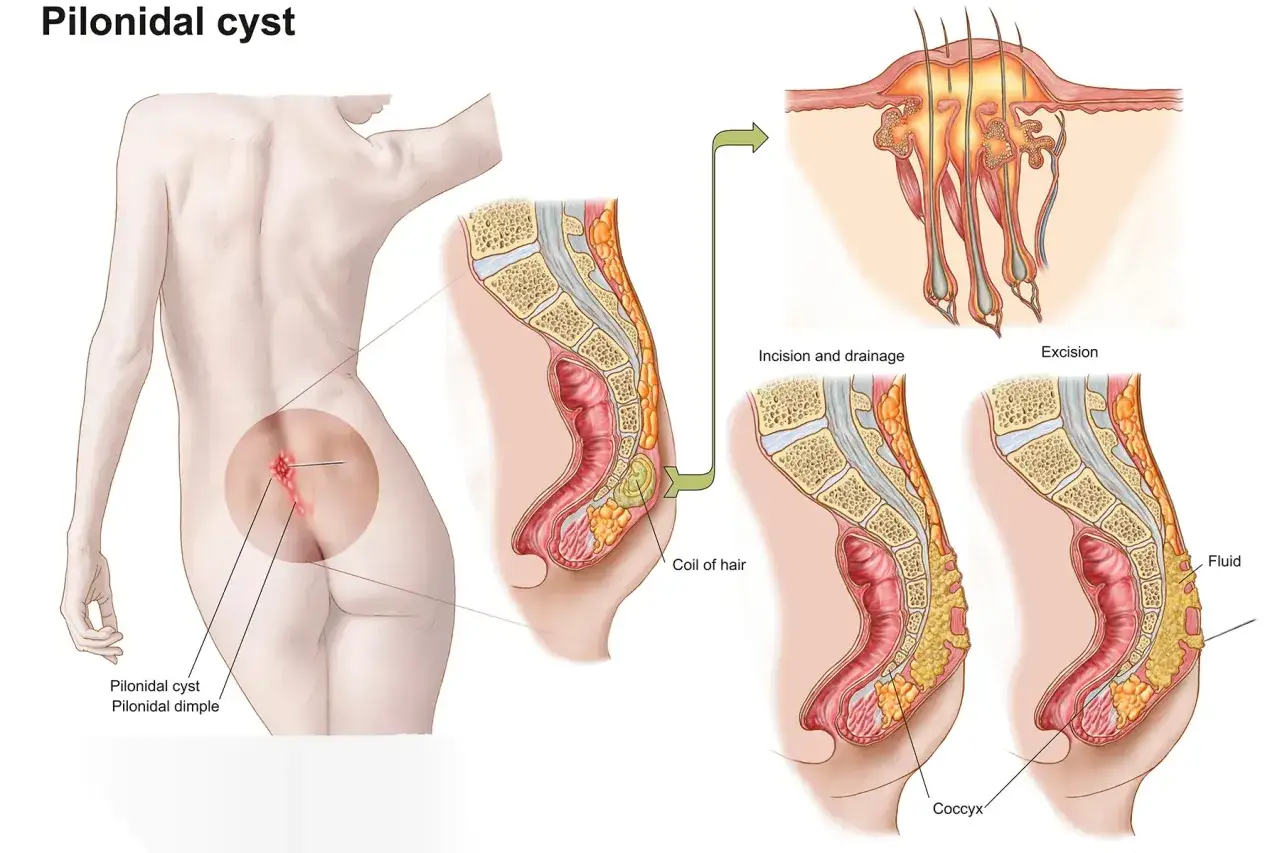 Illustration anatomique montrant un kyste pilonidal, une affection cutanée causée par des poils incarnés, et les procédures de traitement.