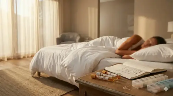 Une personne dort paisiblement, tandis que sur la table de chevet, des tubes de tests sanguins et un journal de sommeil suggèrent une investigation sur l'hémochromatose et le sommeil.