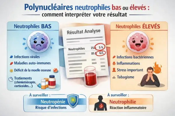 Illustration expliquant les polynucléaires neutrophiles bas (associés aux infections virales) et élevés (infections bactériennes, inflammations).