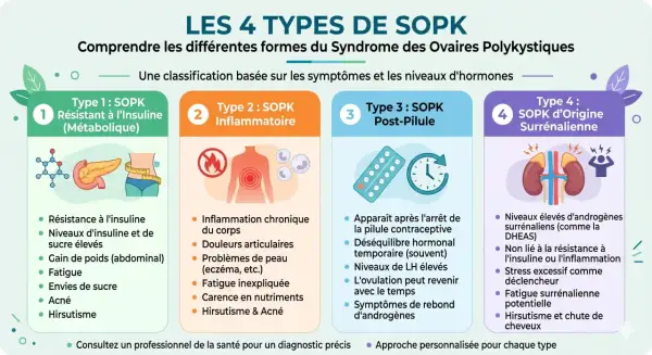 Infographie présentant les 4 types de SOPK : résistant à l'insuline, inflammatoire, post-pilule et d'origine surrénalienne. Un bon sopk traitement dépend du type.