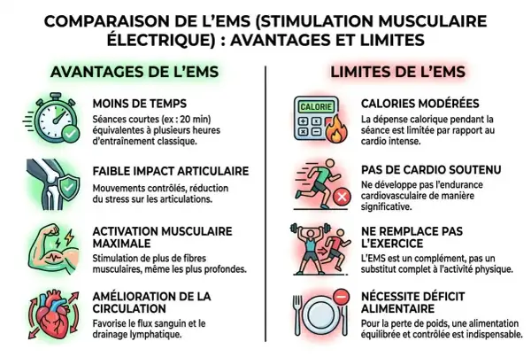 Comparaison EMS : avantages (moins de temps, faible impact, activation max, amélioration circulation & drainage lymphatique) et limites (calories modérées, pas de cardio, ne remplace pas l'exercice, déficit alimentaire).