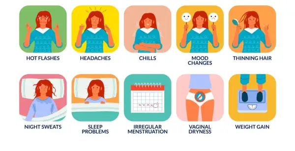 Symptômes de la ménopause : bouffées de chaleur, maux de tête, frissons, changements d'humeur, perte de cheveux, sueurs nocturnes, troubles du sommeil, règles irrégulières, sécheresse vaginale, prise de poids.