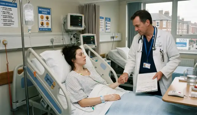 Un médecin réconforte une jeune patiente en Angleterre, hospitalisée pour des symptômes de méningite. Des signes de la maladie sont affichés au mur.